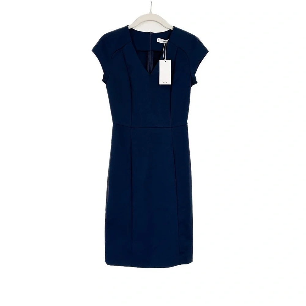 Mango Fitted Cotton Dress Navy Blue Size 0 NWT
